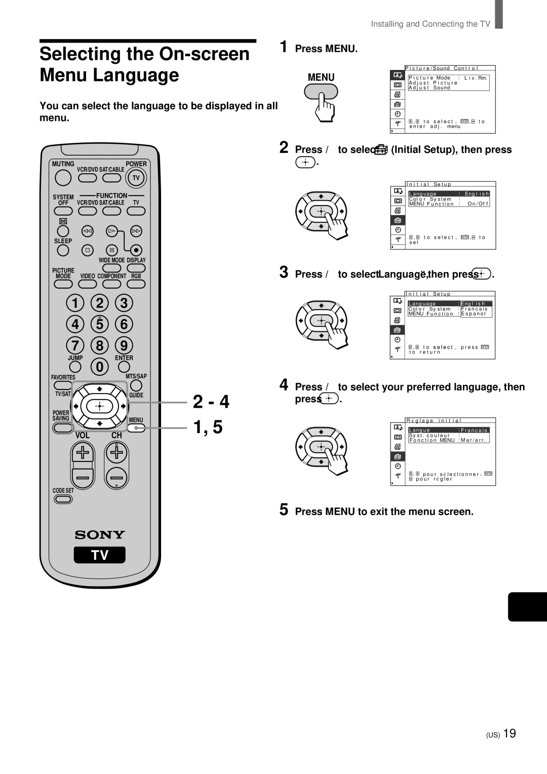 Sony KZ-32TS1, KZ 42TS1 manual Selecting the On-screen Menu Language, Press 