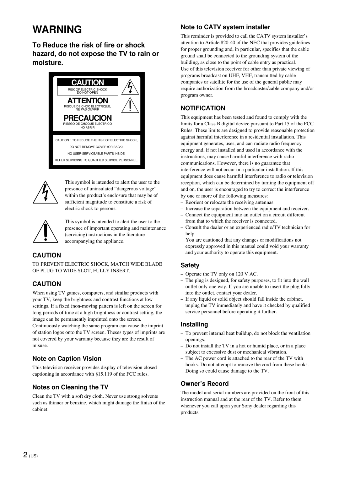 Sony KZ 42TS1, KZ-32TS1 manual Notification, Safety, Installing, Owner’s Record 