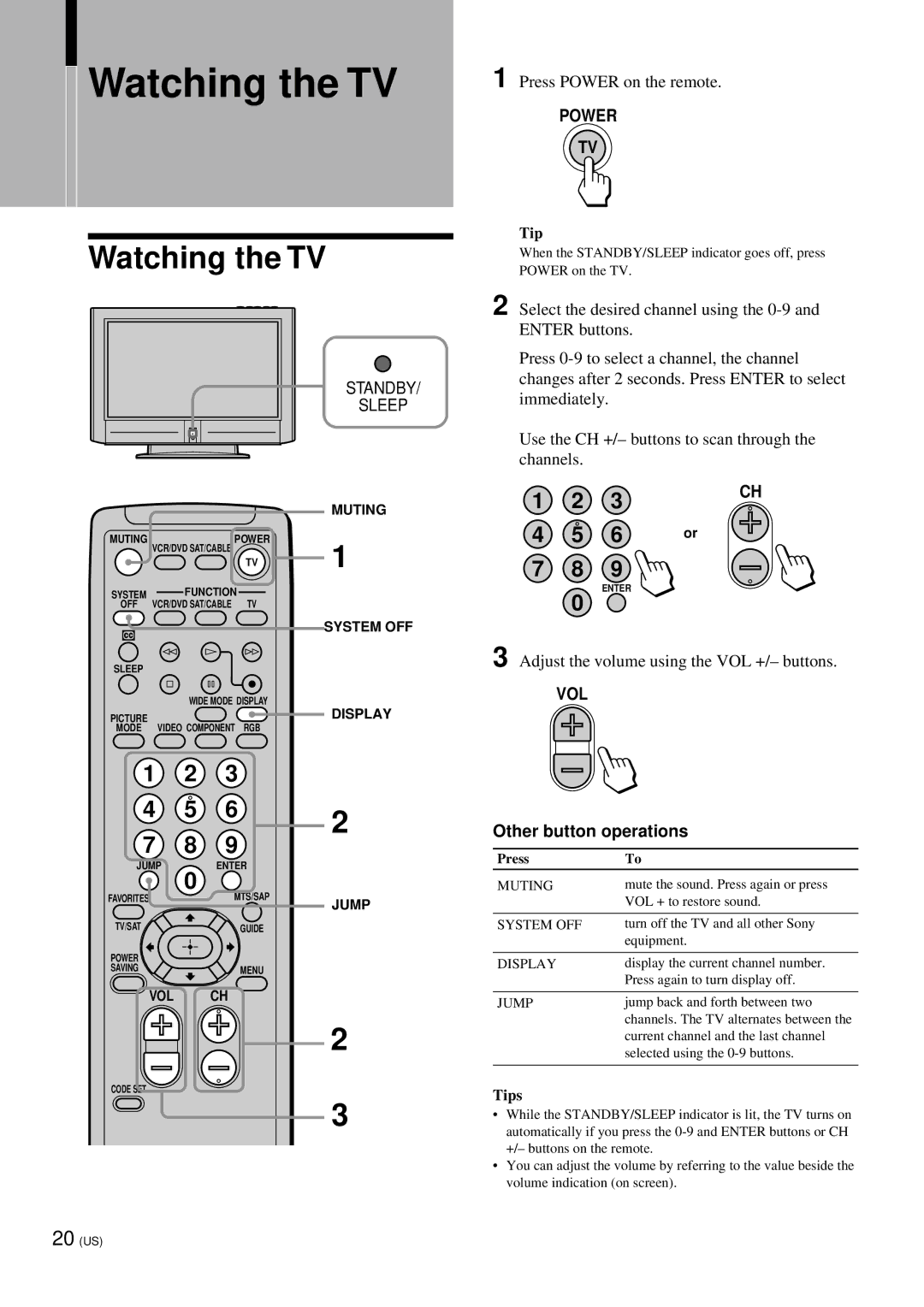 Sony KZ 42TS1, KZ-32TS1 manual Watching the TV, Power, Vol, Other button operations 