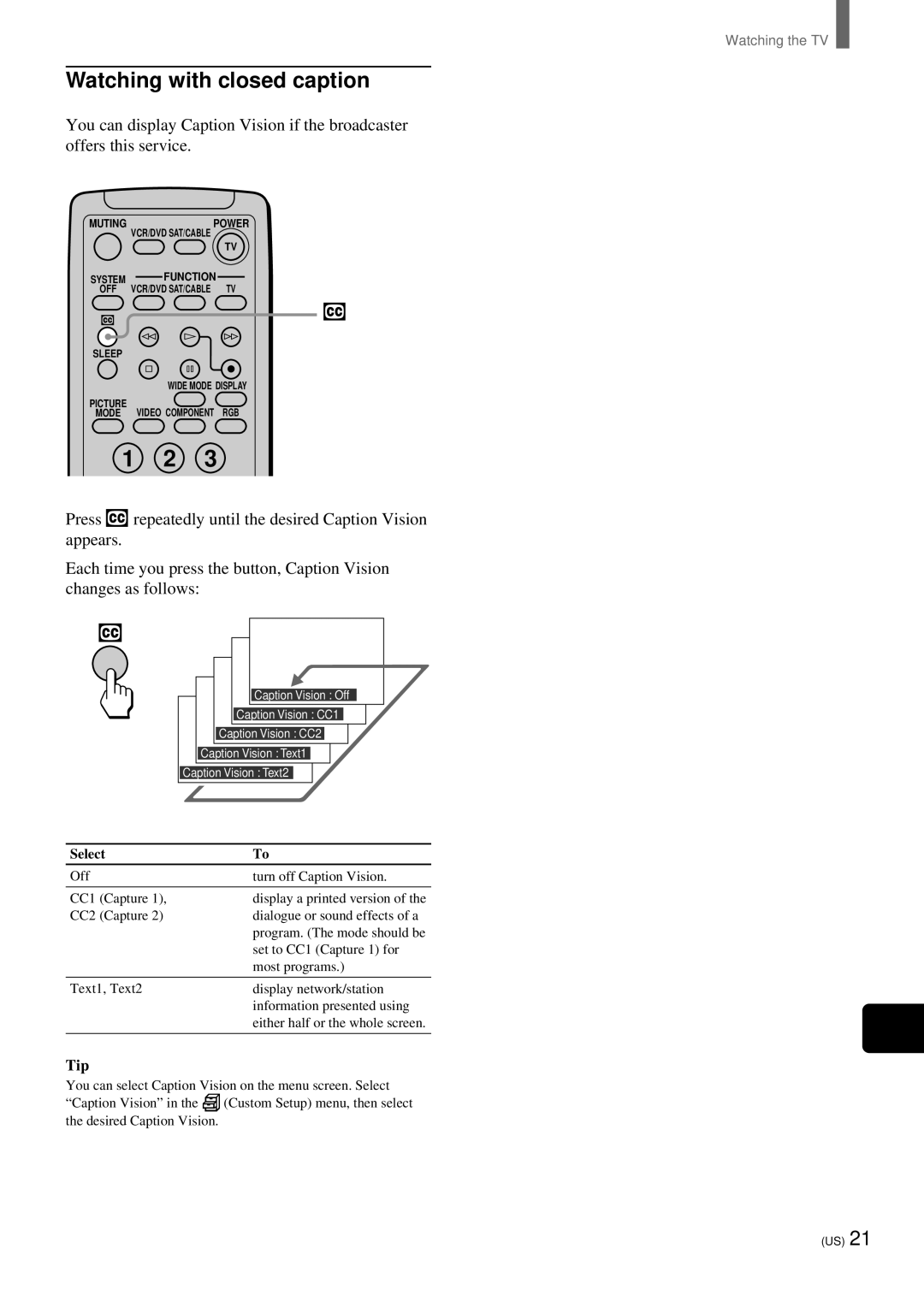 Sony KZ-32TS1, KZ 42TS1 manual Watching with closed caption, Select 