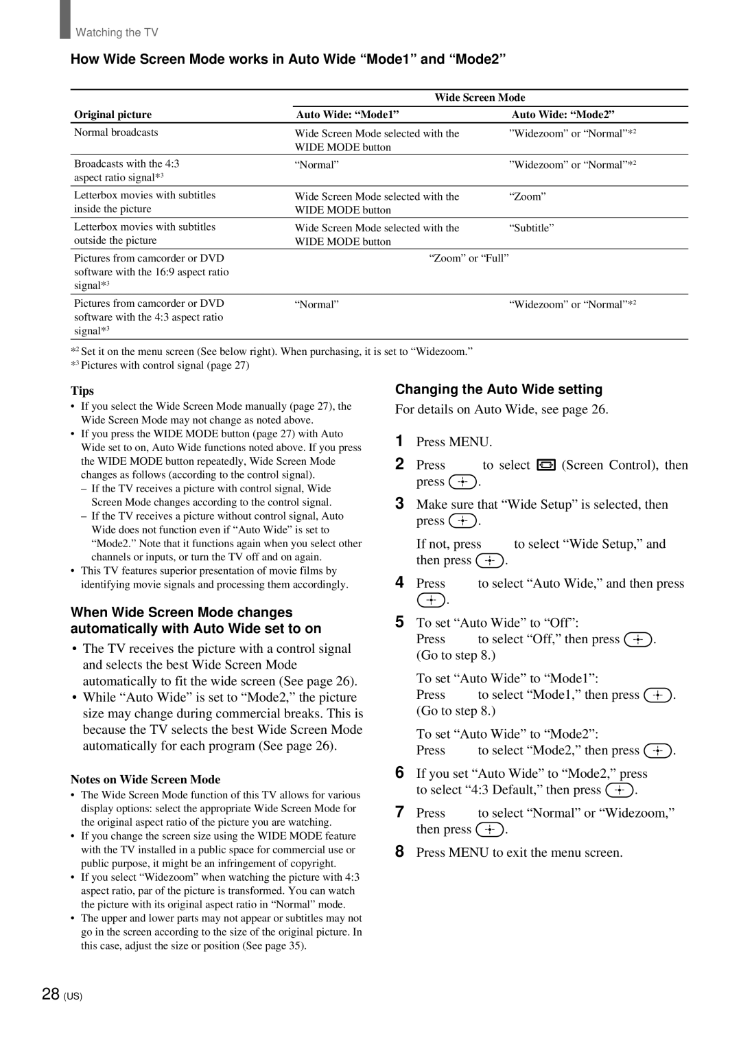 Sony KZ 42TS1, KZ-32TS1 manual How Wide Screen Mode works in Auto Wide Mode1 and Mode2, Changing the Auto Wide setting 