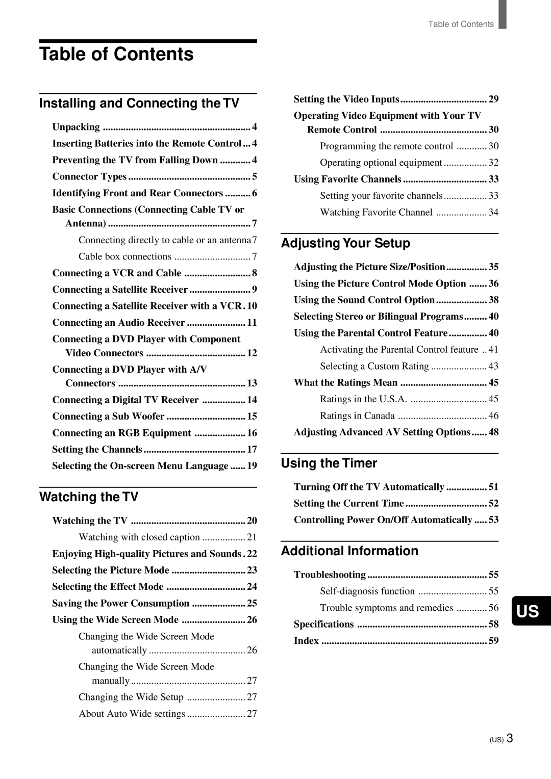 Sony KZ-32TS1, KZ 42TS1 manual Table of Contents 