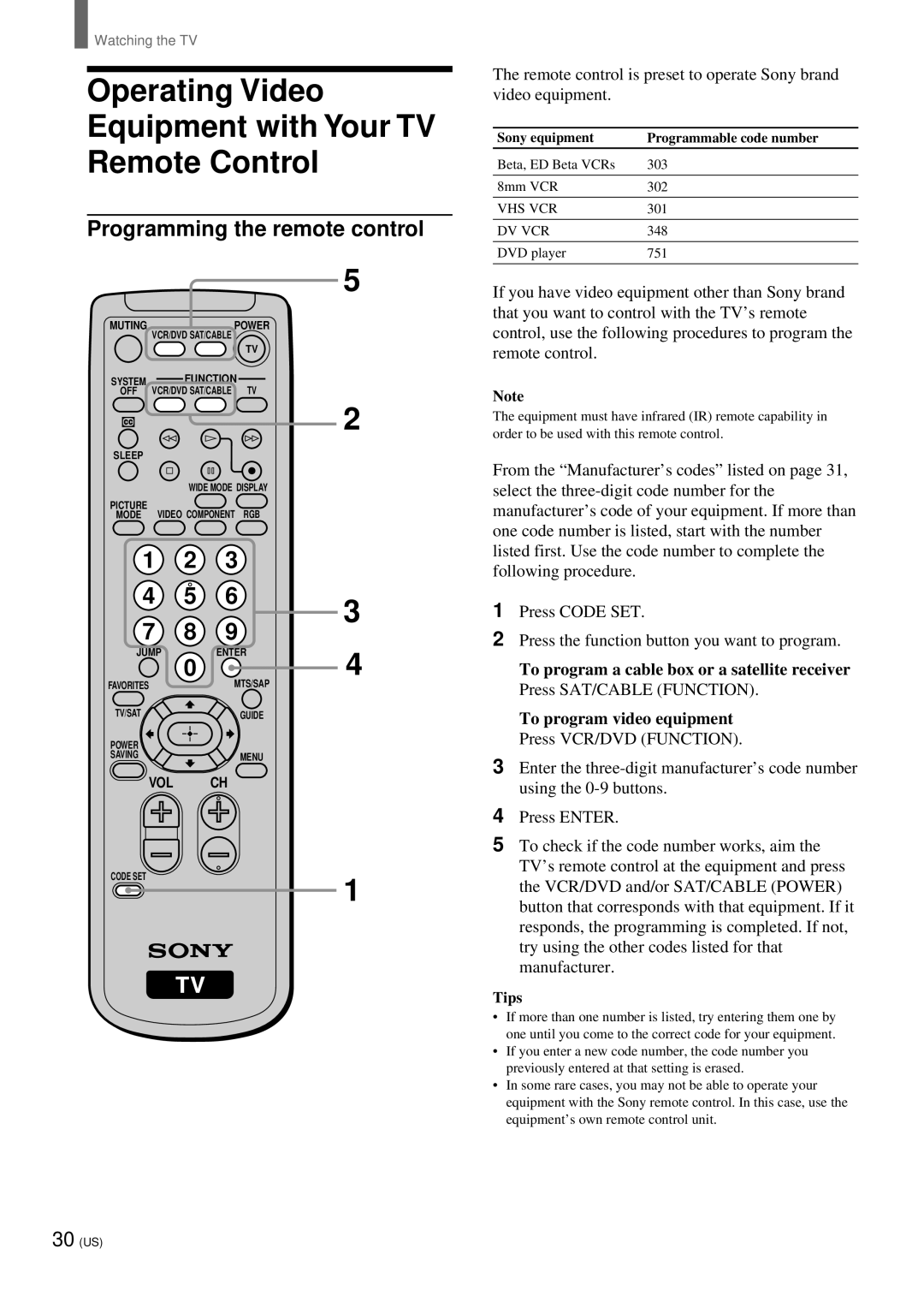 Sony KZ 42TS1 manual Operating Video Equipment with Your TV Remote Control, Programming the remote control, Vhs Vcr, Dv Vcr 