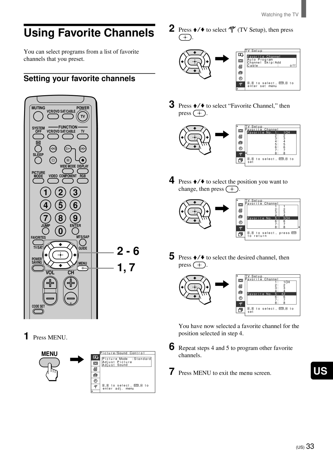 Sony KZ-32TS1 manual Using Favorite Channels, Setting your favorite channels, Press V/v to select Favorite Channel, then 