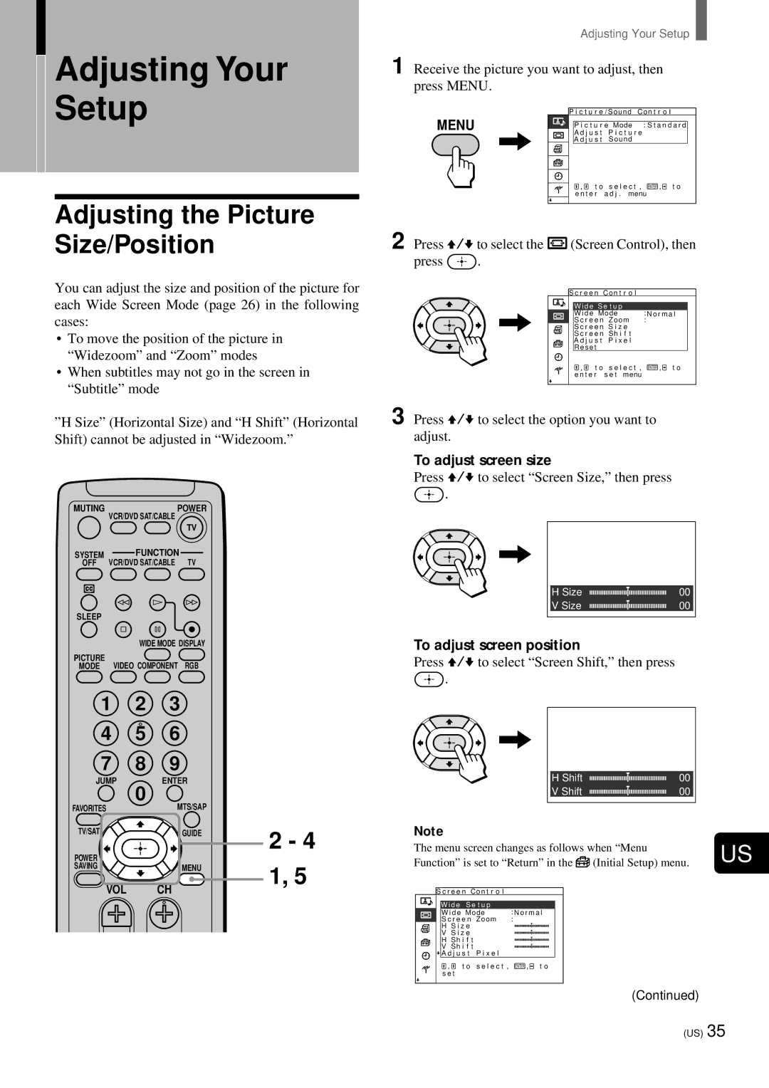 Sony KZ-32TS1, KZ 42TS1 manual Adjusting the Picture Size/Position, To adjust screen size, To adjust screen position 