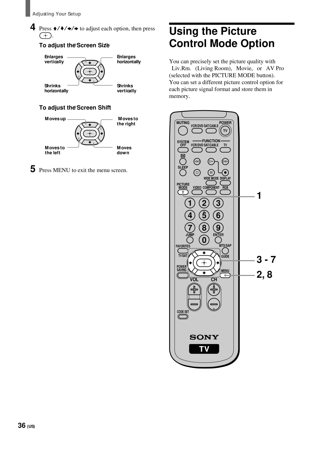 Sony KZ 42TS1, KZ-32TS1 manual Using the Picture Control Mode Option, Press V/v/B/b to adjust each option, then press 