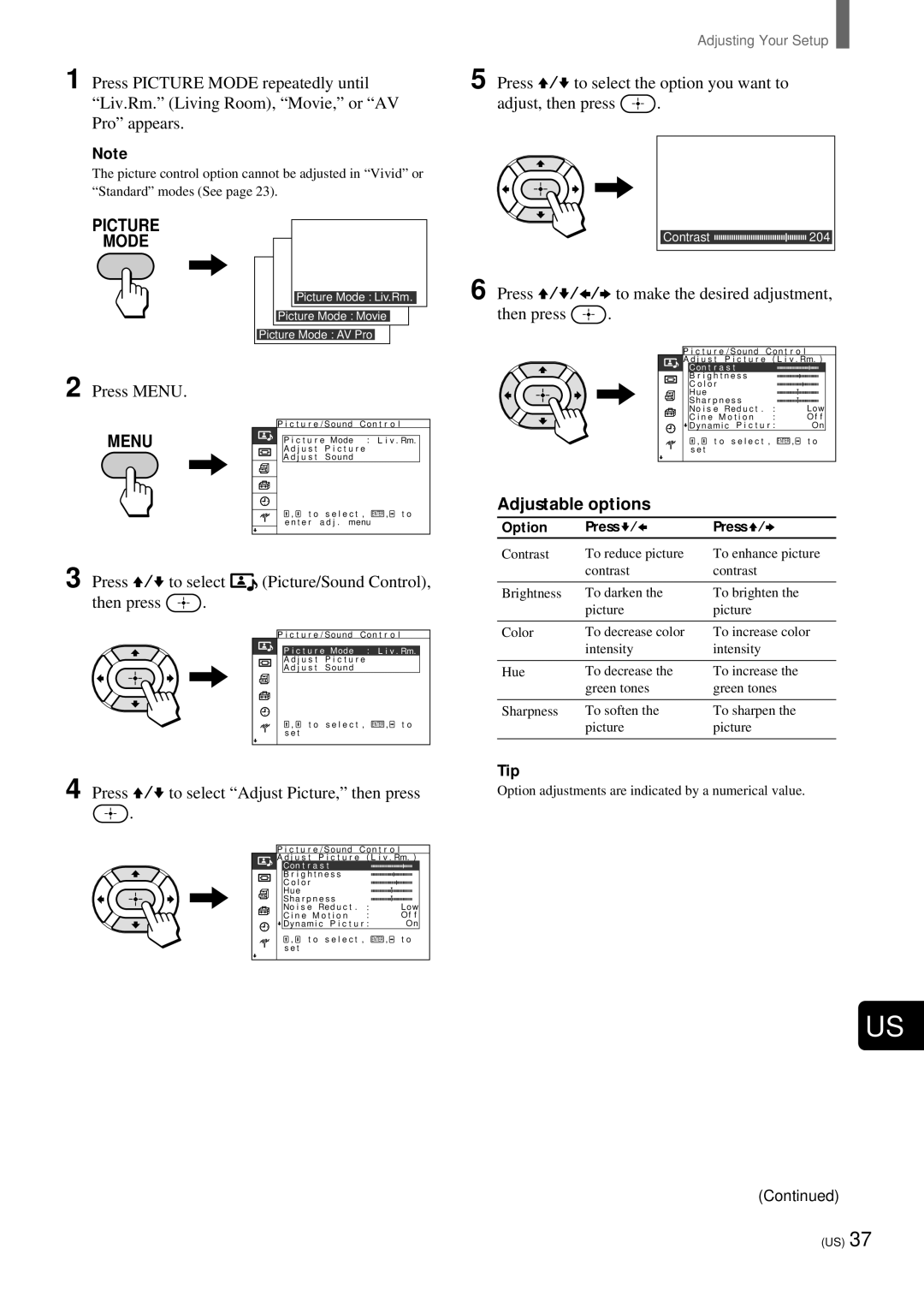 Sony KZ-32TS1 Press V/v/B/b to make the desired adjustment Then press, Adjustable options, Option Press v/B Press V/b 