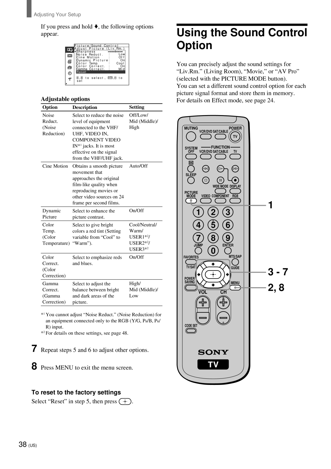 Sony KZ 42TS1, KZ-32TS1 manual Using the Sound Control Option, If you press and hold v, the following options appear 