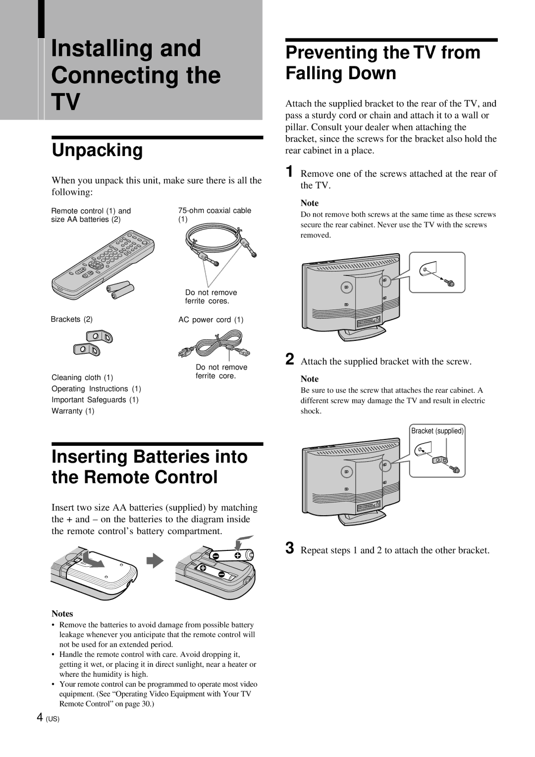 Sony KZ 42TS1, KZ-32TS1 manual Unpacking, Preventing the TV from Falling Down, Inserting Batteries into the Remote Control 