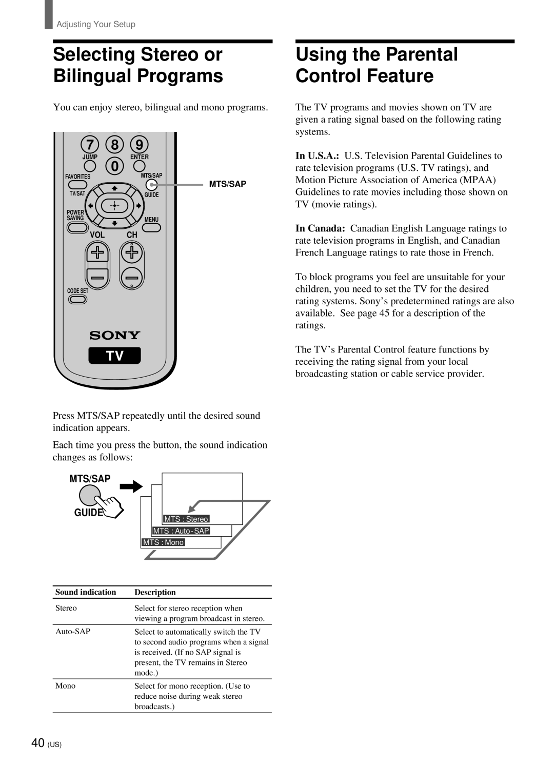 Sony KZ 42TS1, KZ-32TS1 manual Using the Parental Control Feature, Selecting Stereo or Bilingual Programs, MTS/SAP Guide 