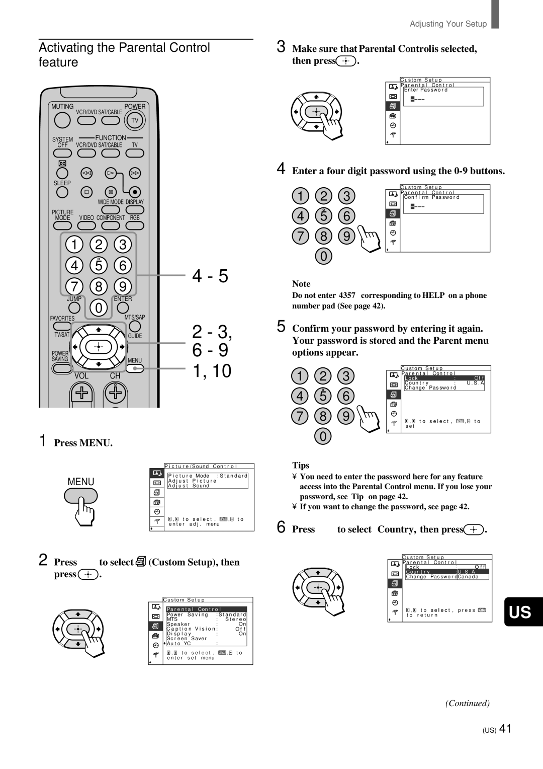 Sony KZ-32TS1, KZ 42TS1 Activating the Parental Control feature, Make sure that Parental Control is selected Then press 