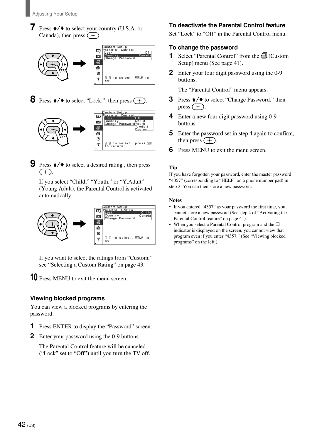 Sony KZ 42TS1 Press V/v to select Lock, then press, Viewing blocked programs, To deactivate the Parental Control feature 