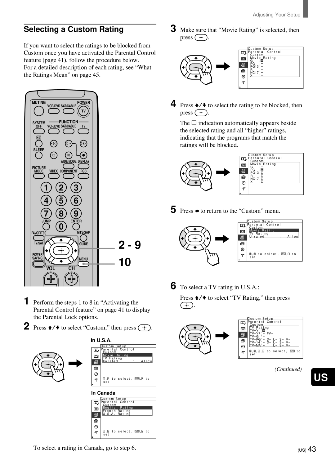 Sony KZ-32TS1, KZ 42TS1 manual Selecting a Custom Rating, Make sure that Movie Rating is selected, then Press 