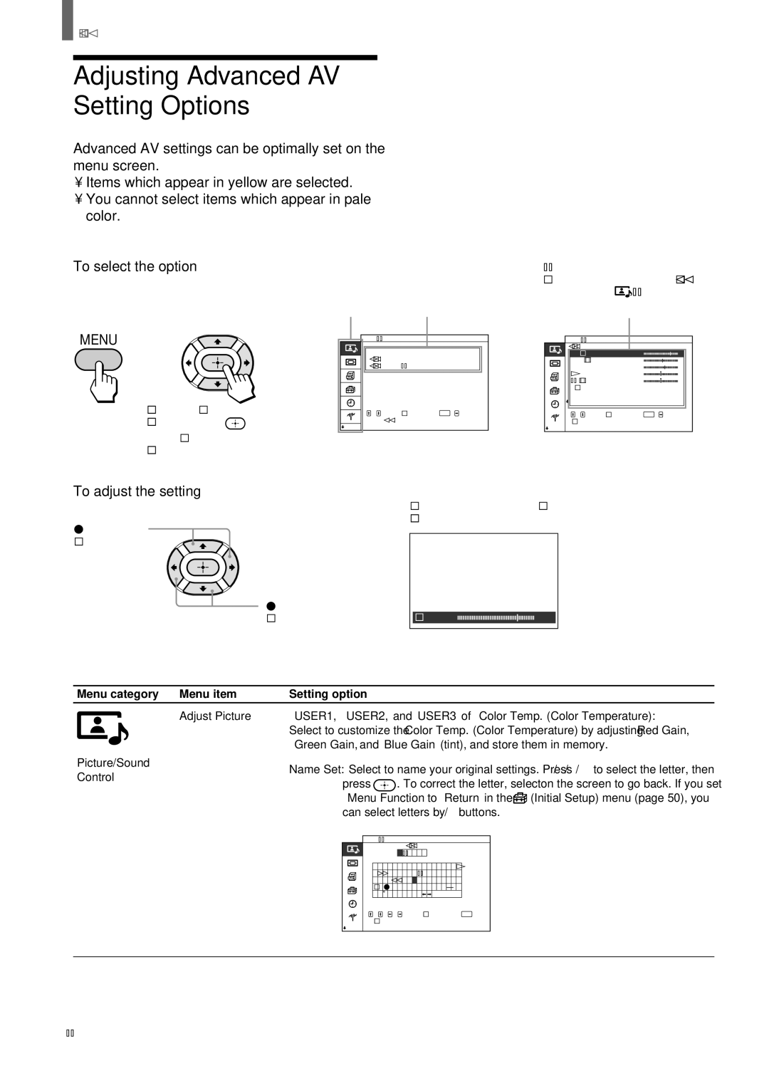 Sony KZ 42TS1, KZ-32TS1 manual Adjusting Advanced AV Setting Options, To select the option, To adjust the setting 