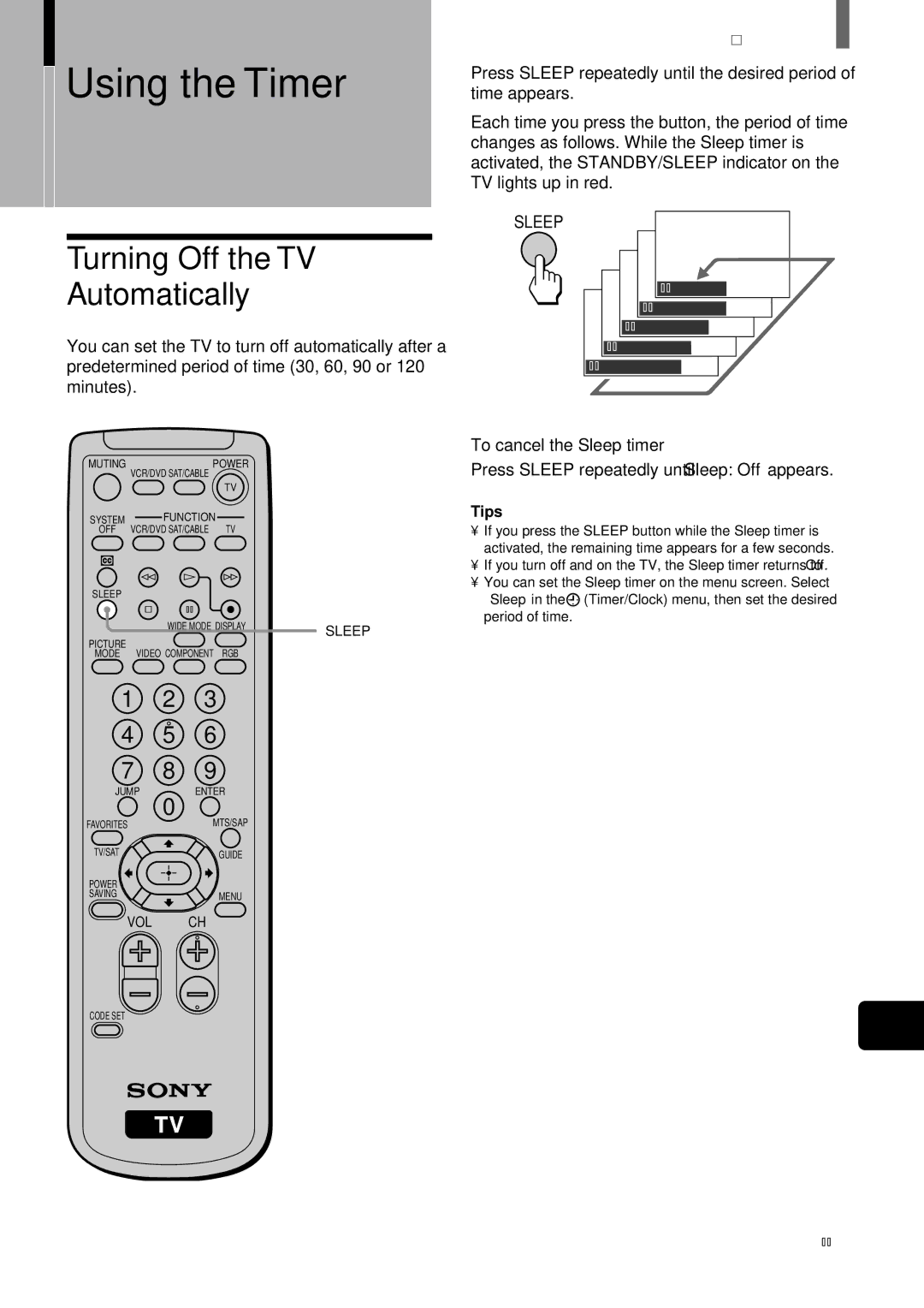 Sony KZ-32TS1, KZ 42TS1 manual Turning Off the TV Automatically, To cancel the Sleep timer 