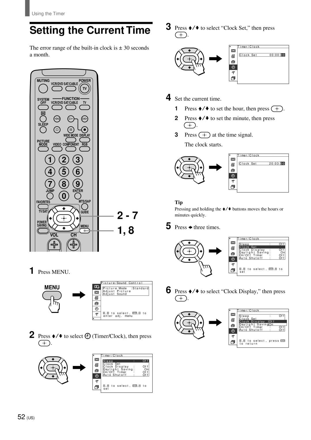 Sony KZ 42TS1, KZ-32TS1 manual Setting the Current Time, Press B three times, Press V/v to select Clock Display, then press 