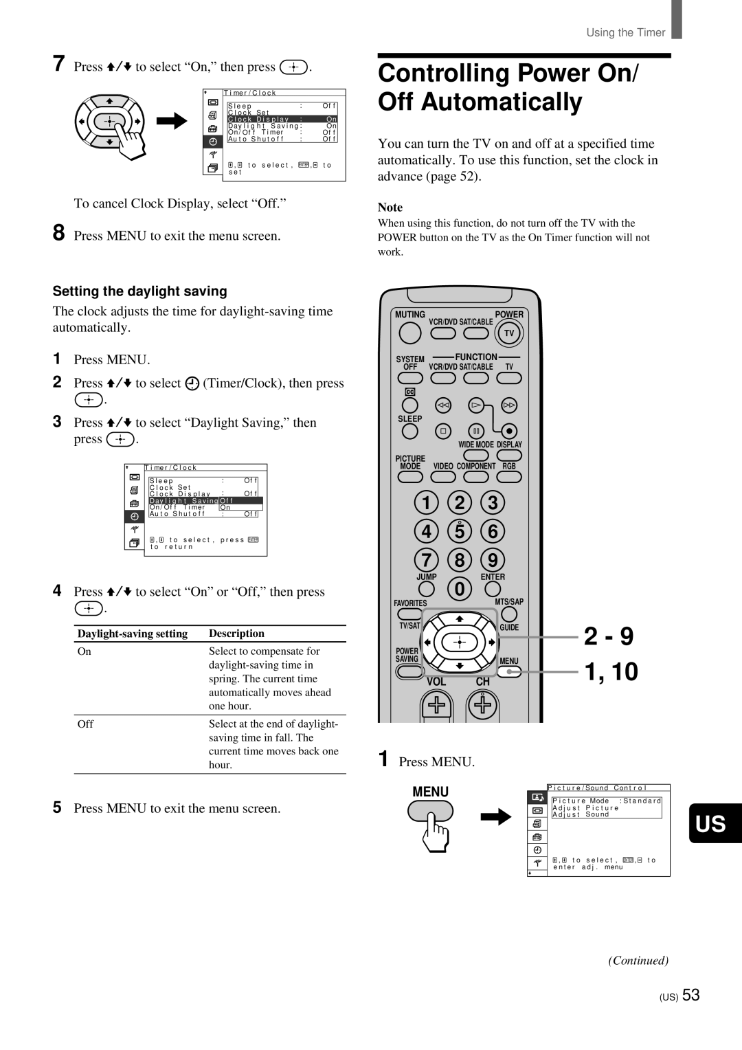 Sony KZ-32TS1 Controlling Power On/ Off Automatically, Setting the daylight saving, Daylight-saving setting Description 