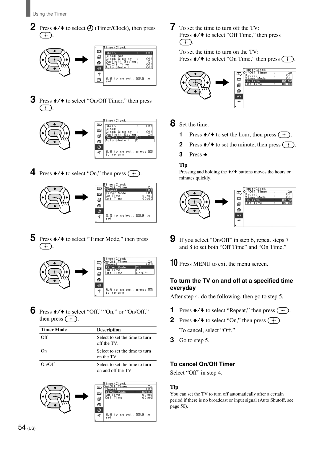 Sony KZ 42TS1, KZ-32TS1 manual Press V/v to select Timer Mode, then press, Press V/v to select Off, On, or On/Off Then press 