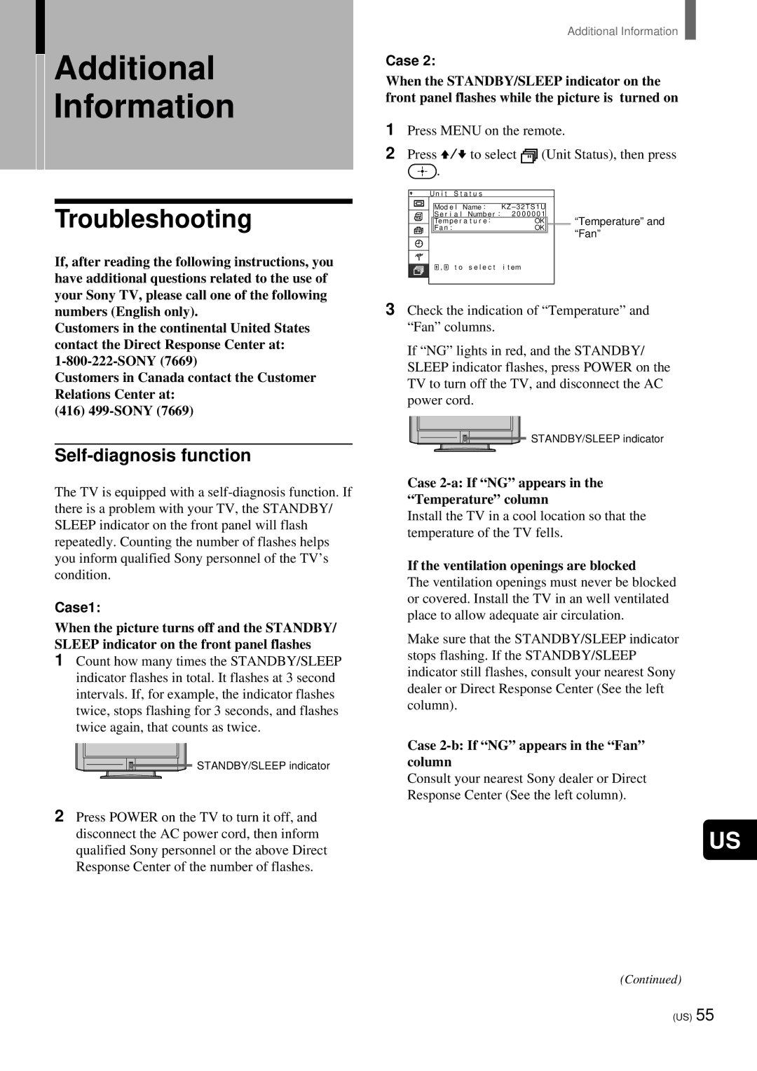 Sony KZ-32TS1, KZ 42TS1 manual Troubleshooting, Self-diagnosis function, Case1 