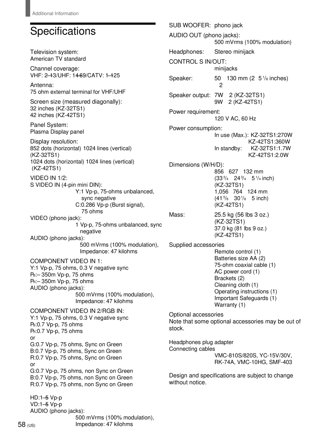 Sony KZ 42TS1, KZ-32TS1 manual Specifications 