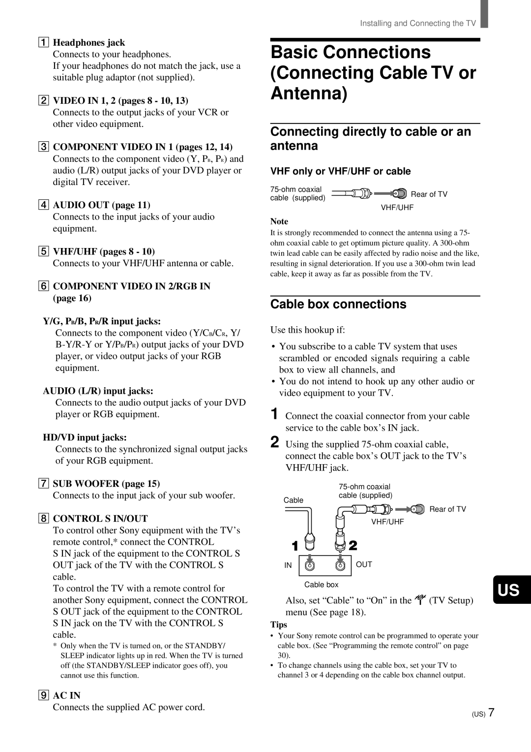 Sony KZ-32TS1, KZ 42TS1 manual Basic Connections Connecting Cable TV or Antenna, Connecting directly to cable or an antenna 