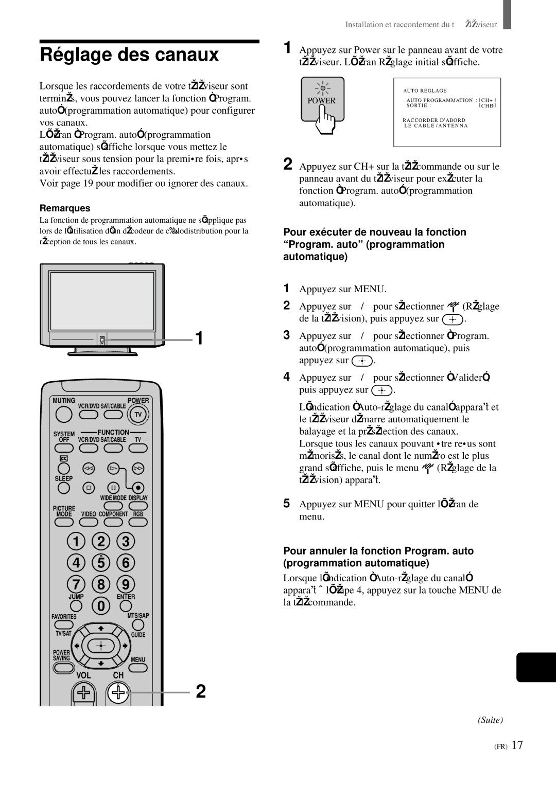 Sony KZ-32TS1, KZ 42TS1 manual Ré glage des canaux, Remarques 