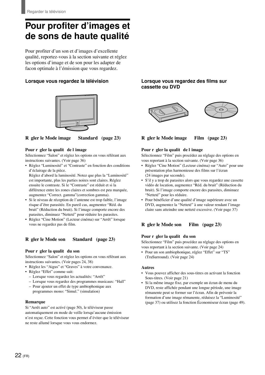 Sony KZ 42TS1, KZ-32TS1 manual Pour profiter d’images et de sons de haute qualité, Lorsque vous regardez la té lé vision 