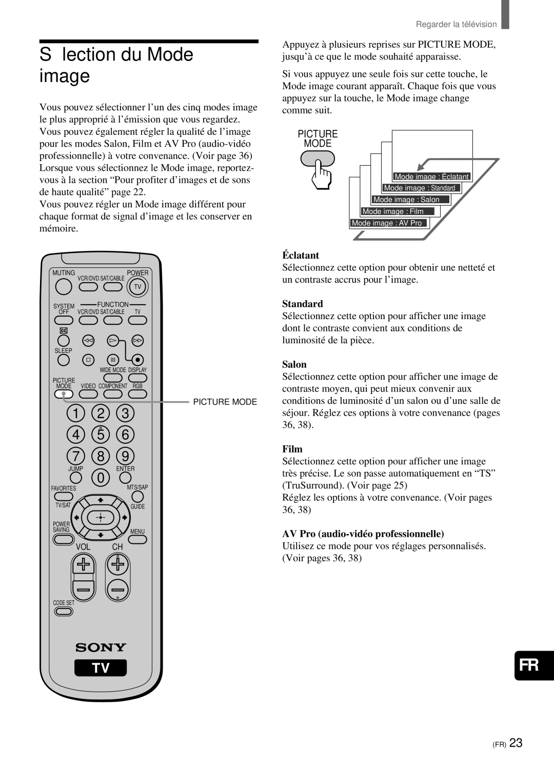 Sony KZ-32TS1, KZ 42TS1 manual Sé lection du Mode image, Clatant, Salon, Film, AV Pro audio-vidéo professionnelle 