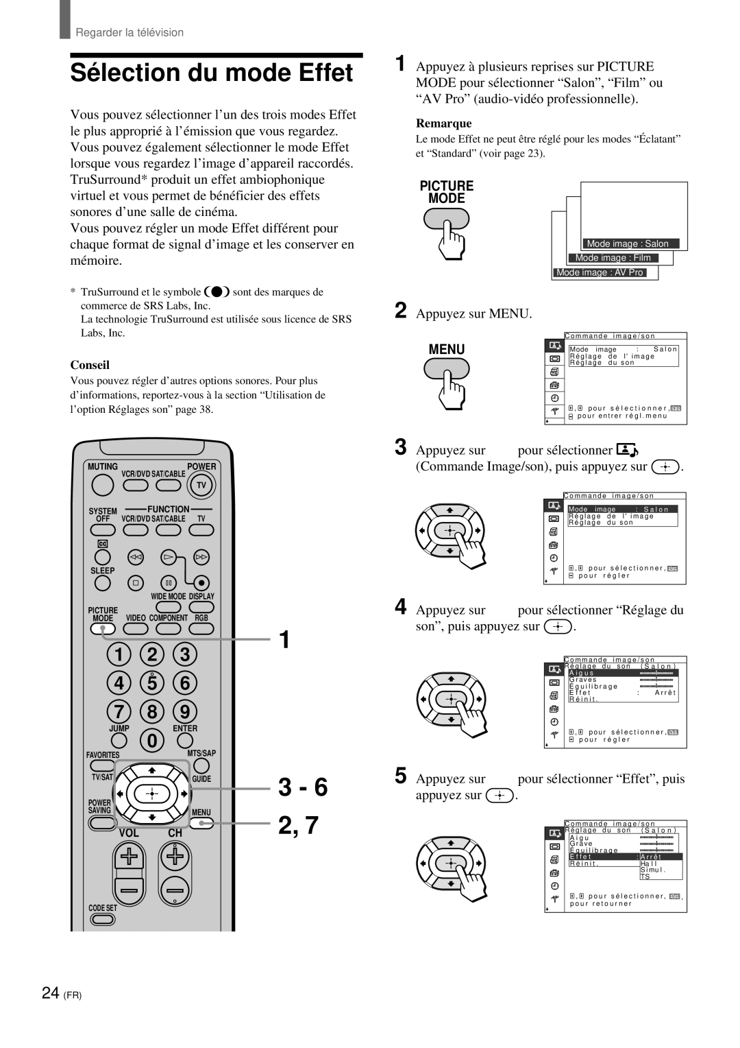 Sony KZ 42TS1, KZ-32TS1 Sé lection du mode Effet, Appuyez sur V/v pour sélectionner Effet, puis, Mode Image L o n, G u s 