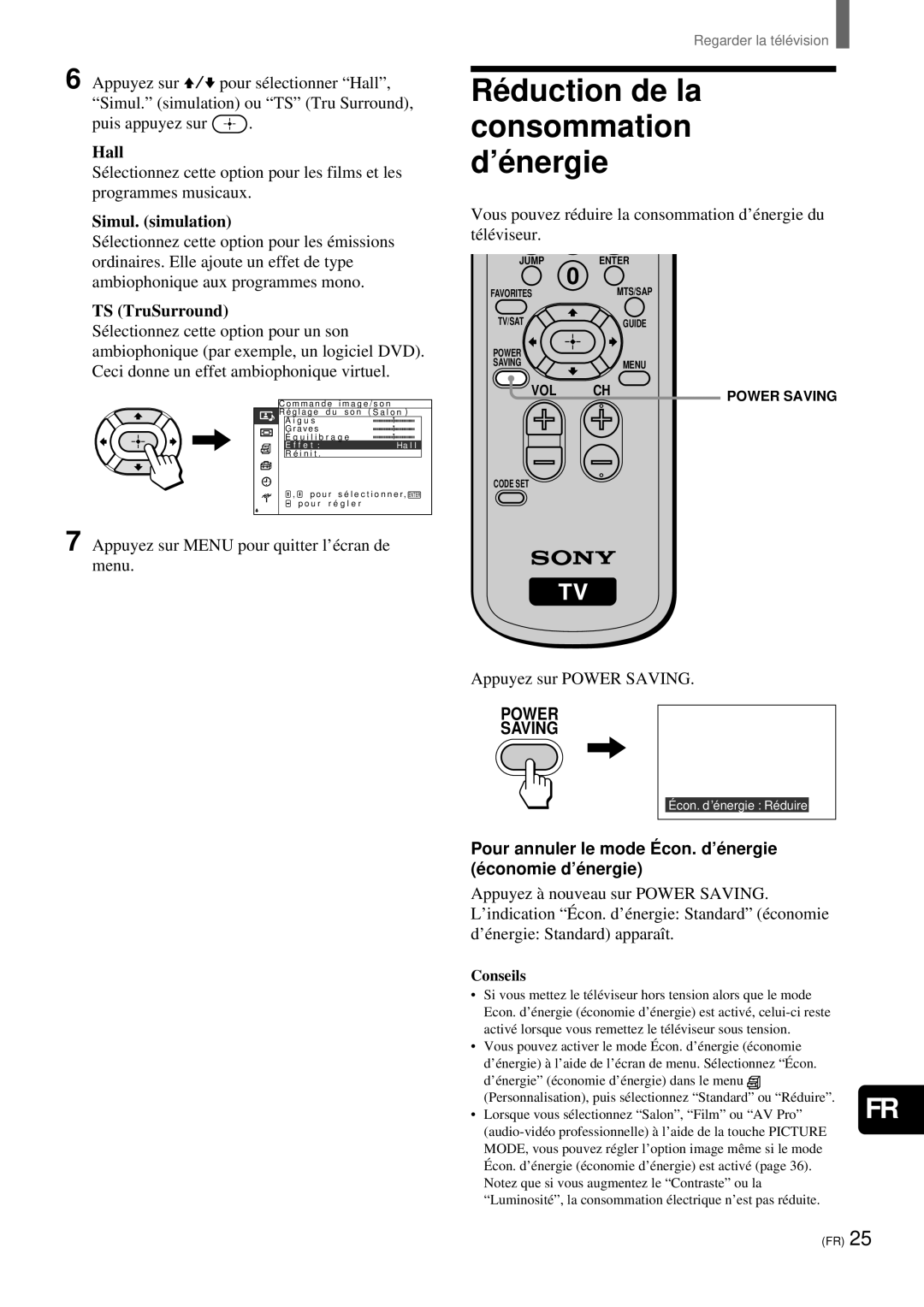 Sony KZ-32TS1, KZ 42TS1 manual Ré duction de la consommation d’é nergie, Simul. simulation, Appuyez sur Power Saving 