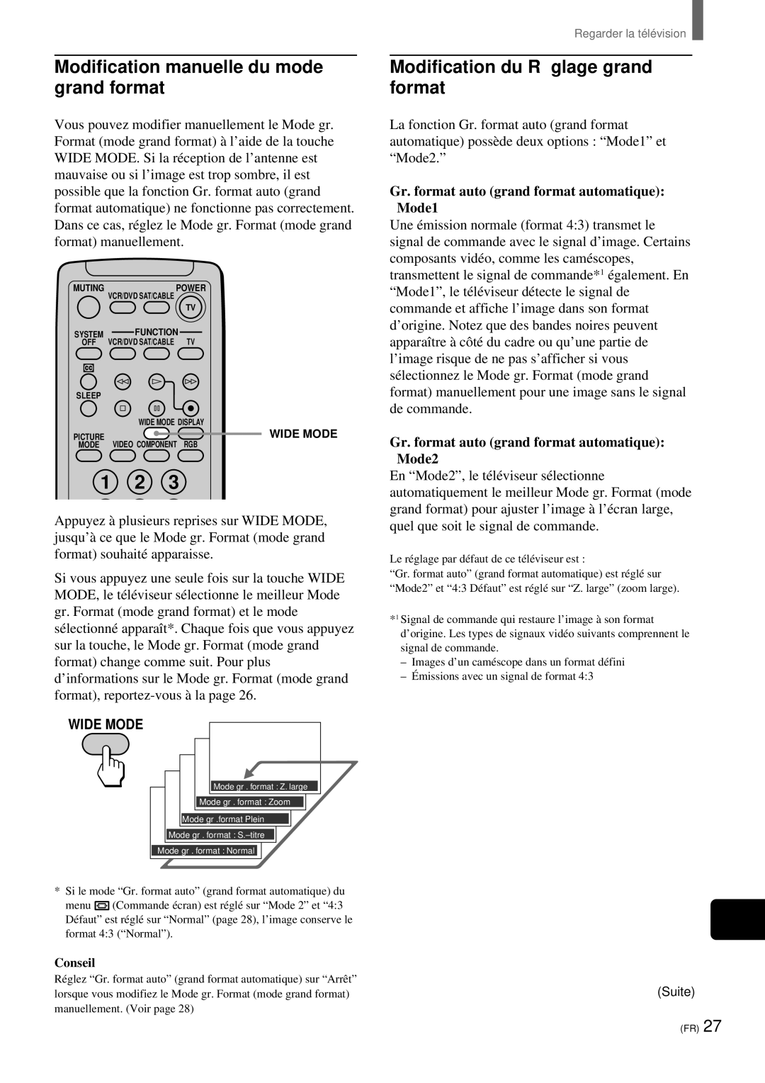 Sony KZ-32TS1, KZ 42TS1 manual Modification manuelle du mode grand format, Modification du Ré glage grand format 