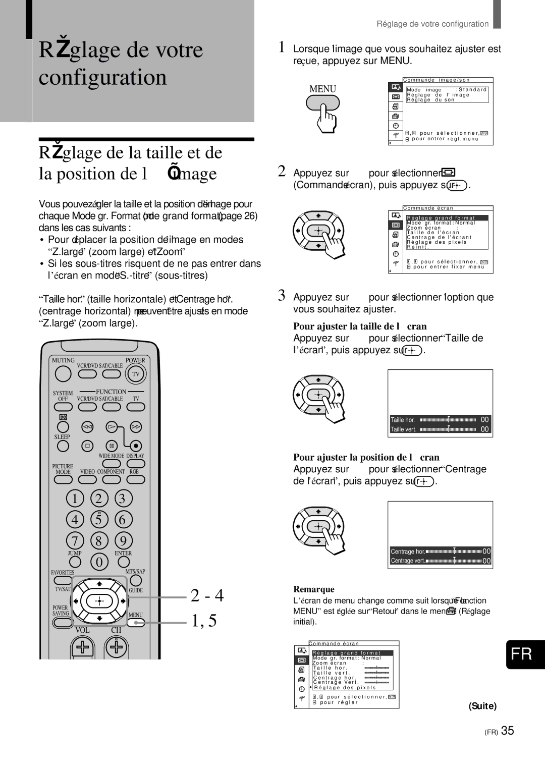 Sony KZ-32TS1, KZ 42TS1 manual Ré glage de la taille et de la position de l’image, Pour ajuster la taille de l’écran 