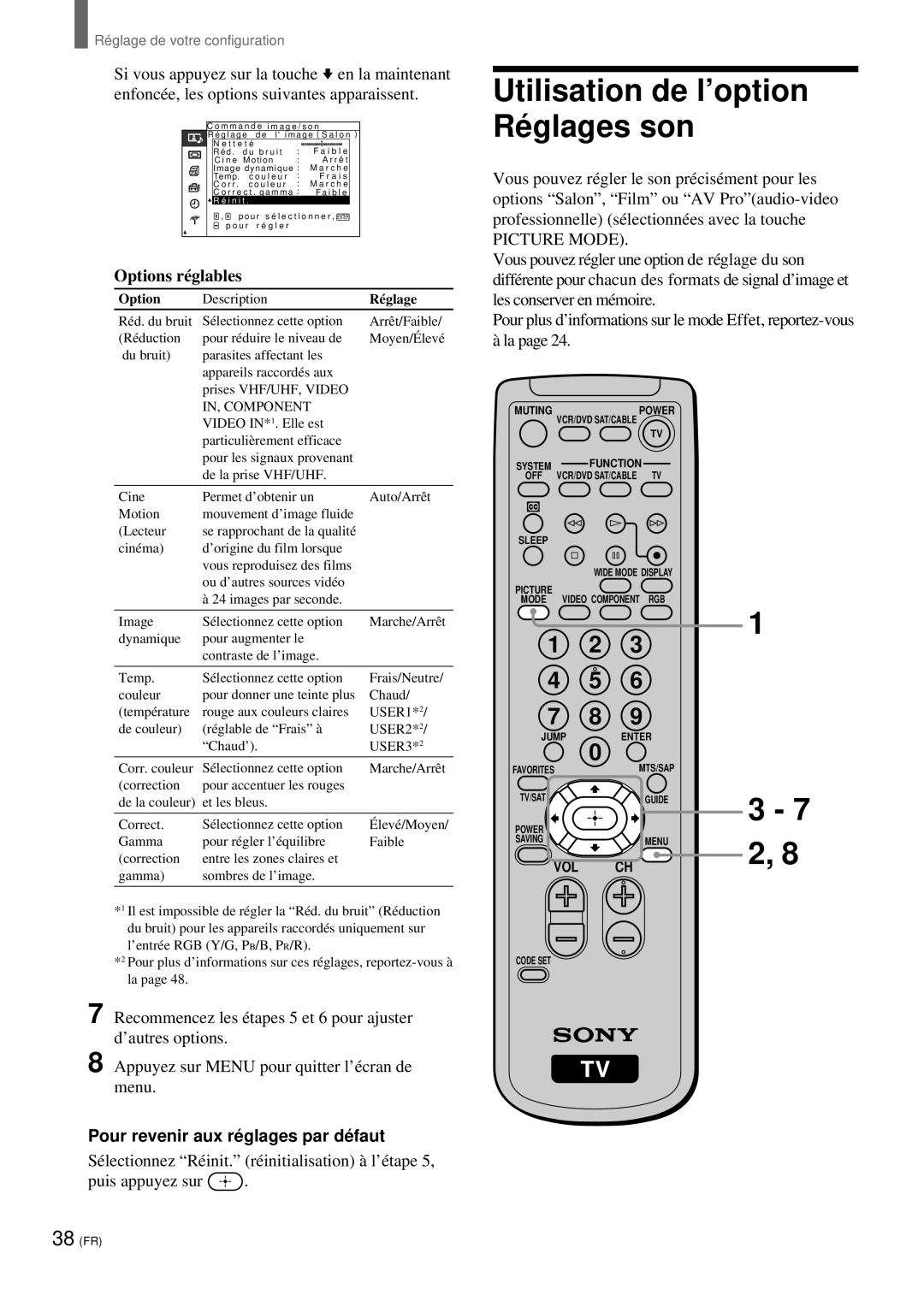 Sony KZ 42TS1, KZ-32TS1 Utilisation de l’option Ré glages son, Pour revenir aux ré glages par dé faut, Option, Réglage 