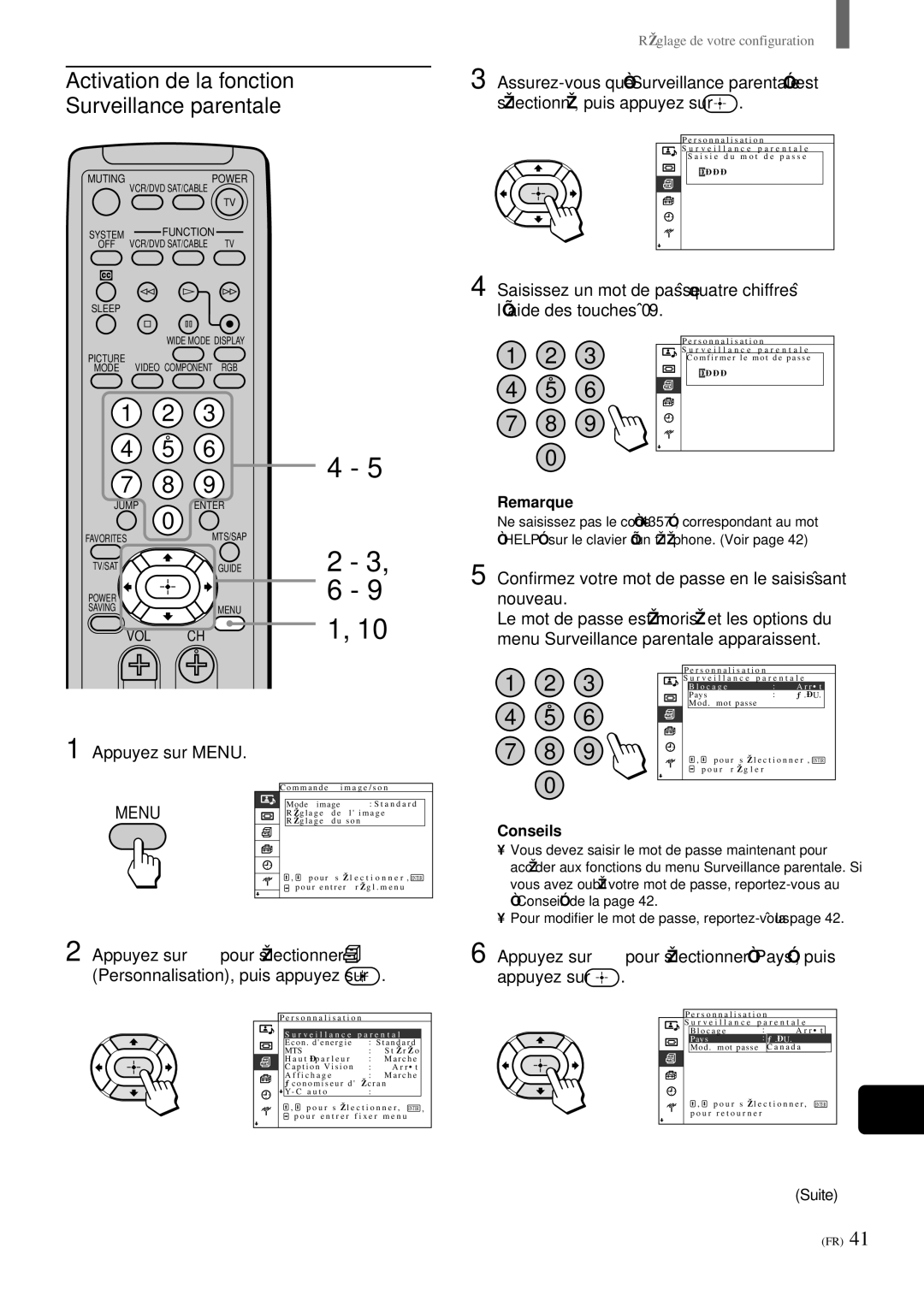 Sony KZ-32TS1 Activation de la fonction Surveillance parentale, Appuyez sur V/v pour sélectionner Pays, puis, Conseils 