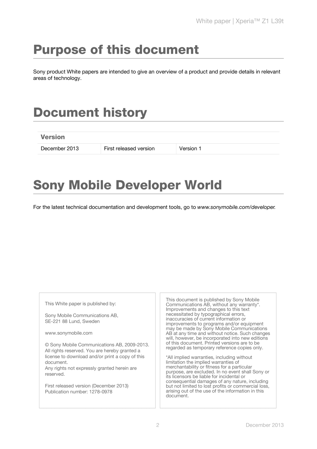 Sony L39t manual Purpose of this document, Version 