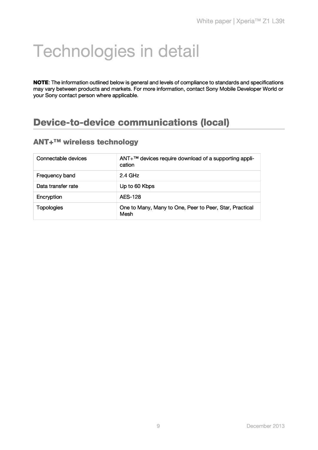 Sony L39t manual Technologies in detail, Device-to-device communications local, ANT+ wireless technology, December 