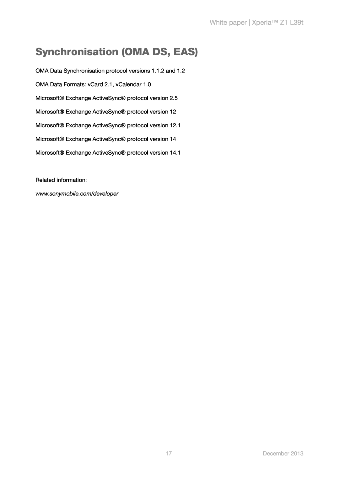 Sony manual Synchronisation OMA DS, EAS, White paper Xperia Z1 L39t, December 