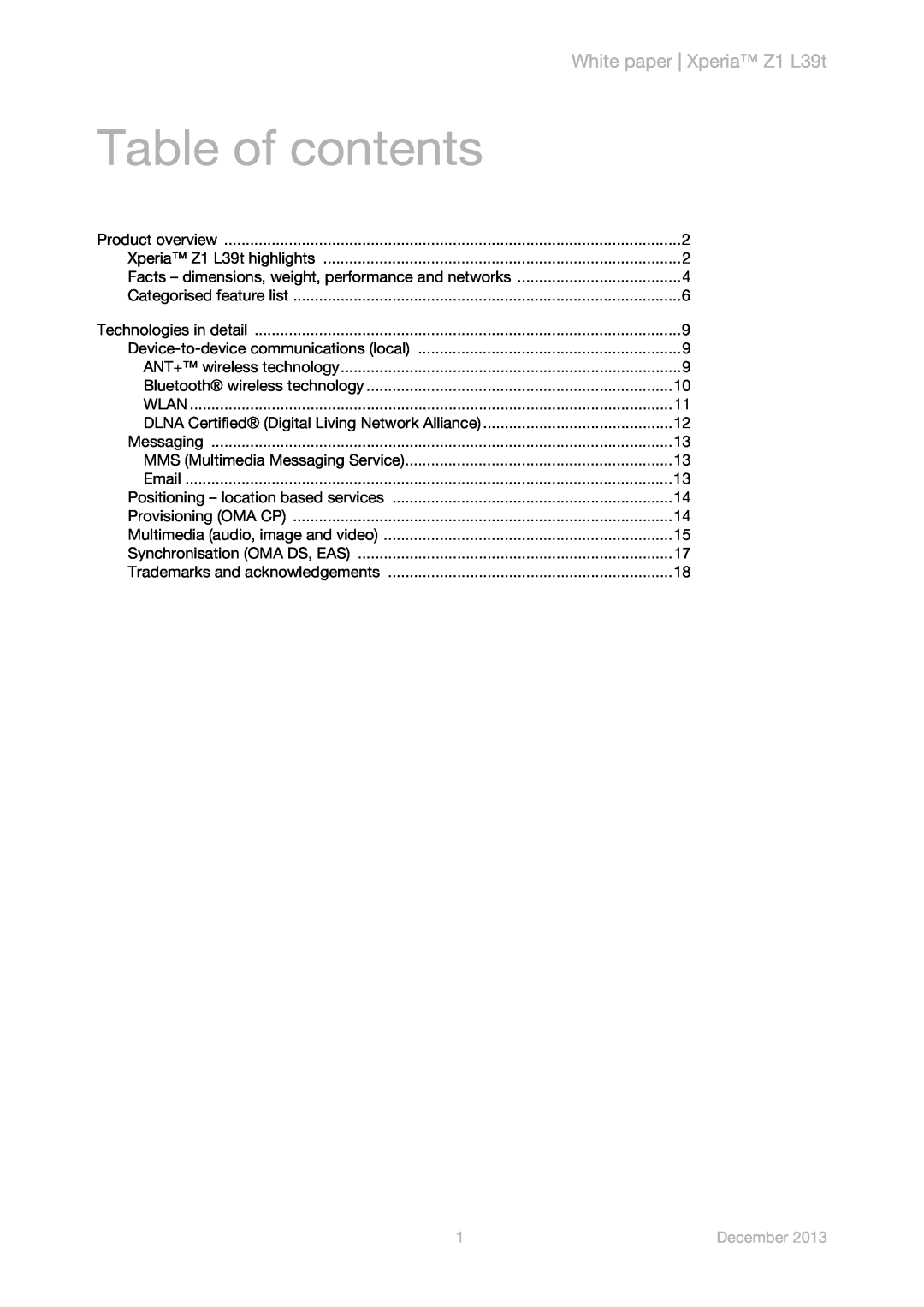 Sony manual Table of contents, White paper Xperia Z1 L39t, December 