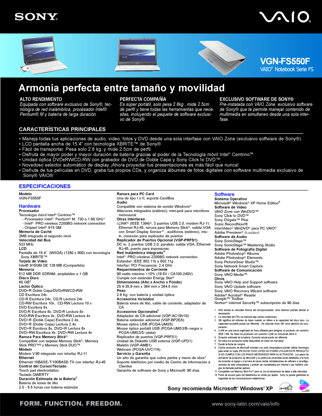Sony VGN-FS550F, Laptop manual Armonía perfecta entre tamaño y movilidad, Form. Function. Freedom, VAIO Notebook Serie FS 