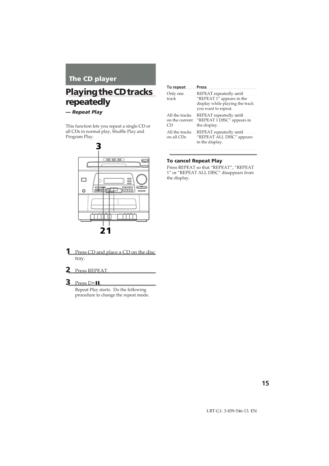 Sony LBT-G1 manual PlayingtheCDtracks repeatedly, To cancel Repeat Play 