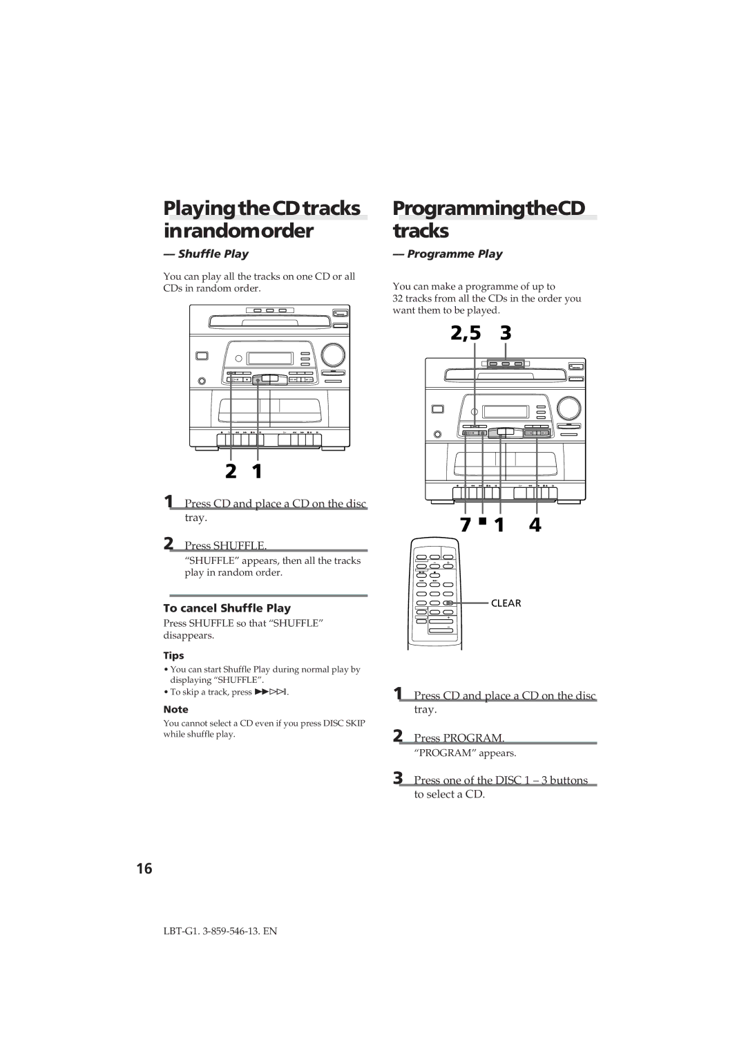 Sony LBT-G1 manual PlayingtheCDtracks inrandomorder, ProgrammingtheCD tracks, To cancel Shuffle Play, Programme Play 