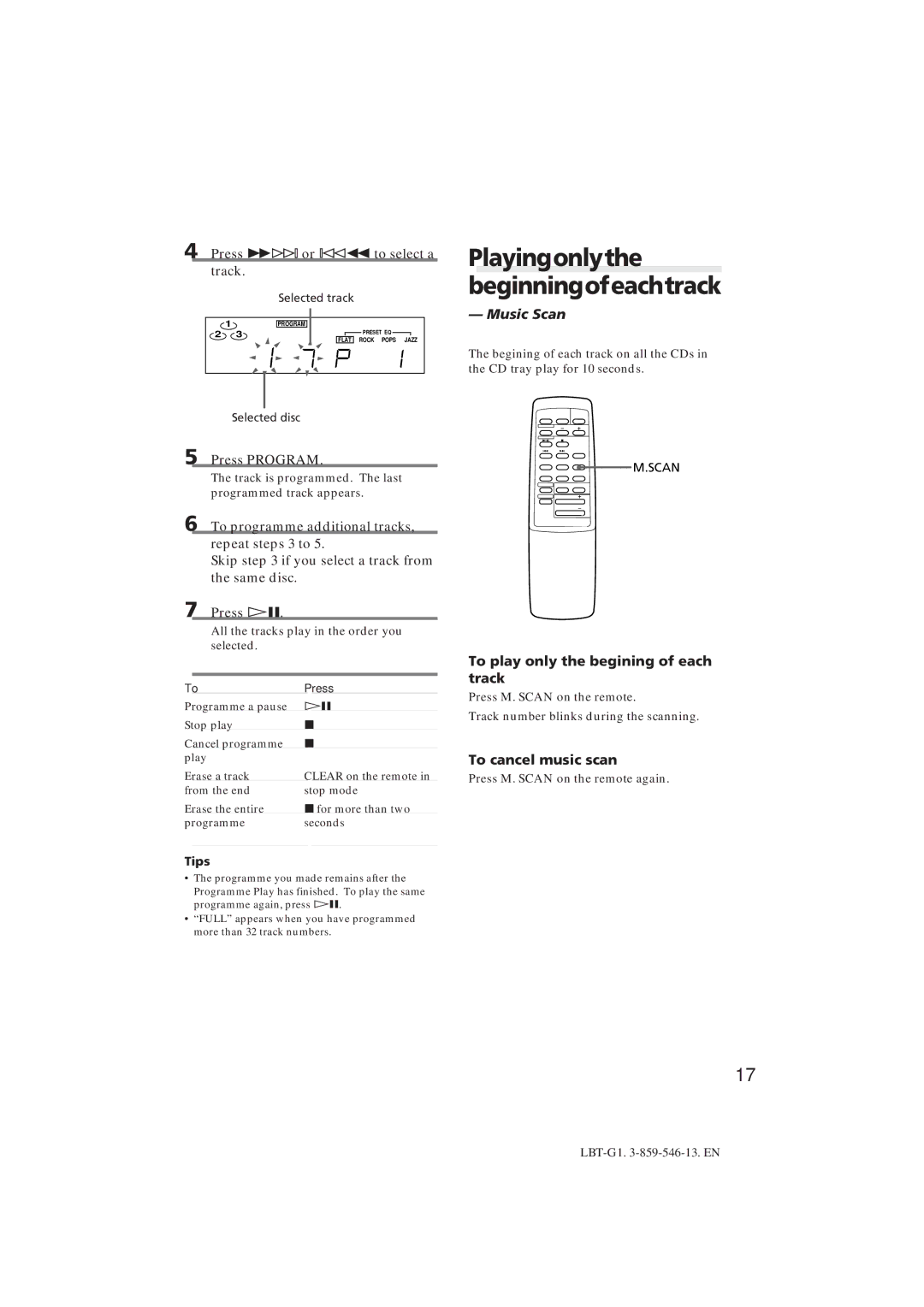 Sony LBT-G1 manual Playingonlythe beginningofeachtrack, Press ±or -0 to select a track, Music Scan, To cancel music scan 