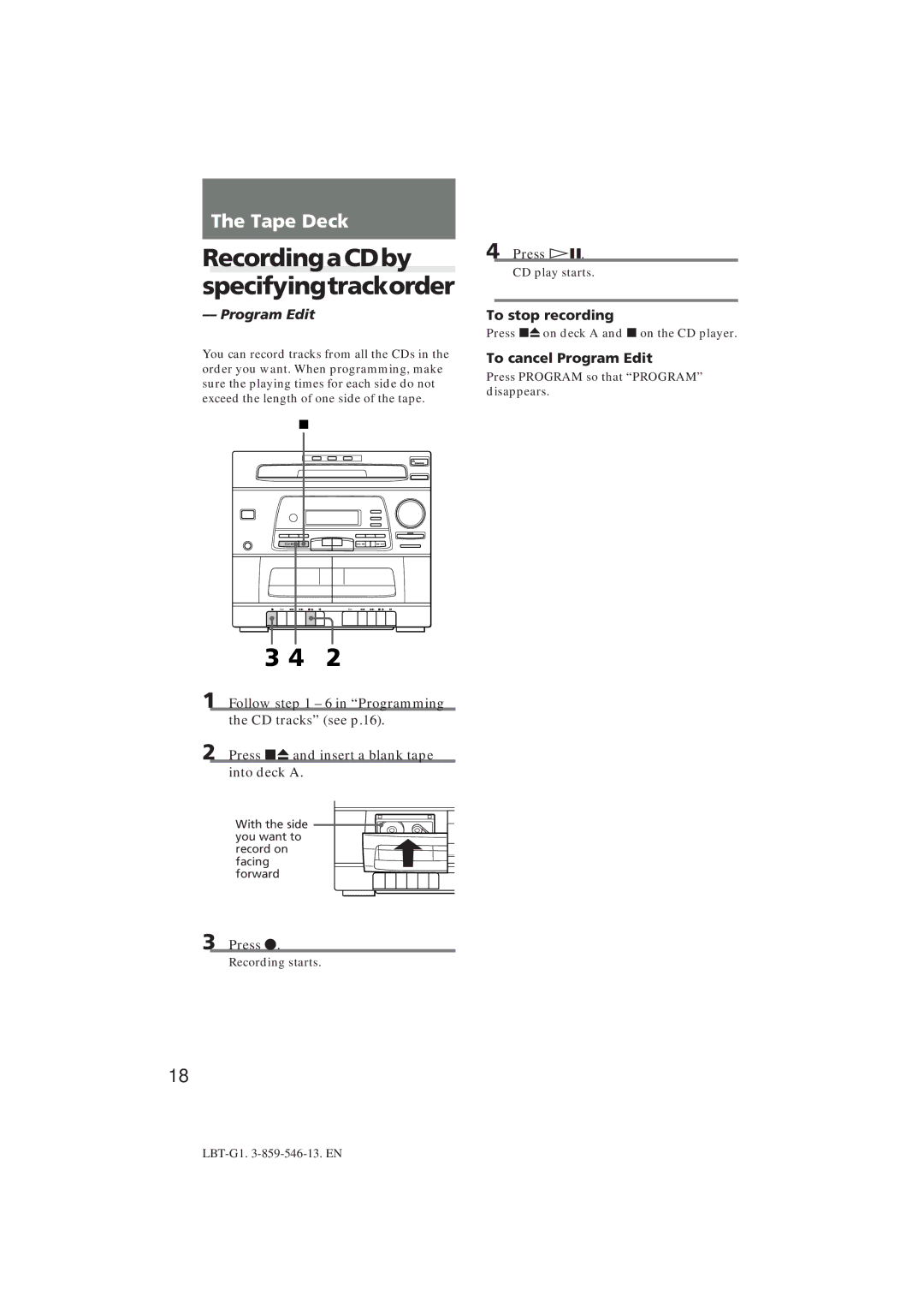 Sony LBT-G1 manual RecordingaCDby specifyingtrackorder, To cancel Program Edit 