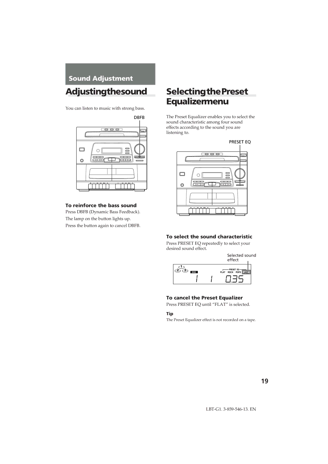 Sony LBT-G1 manual Adjustingthesound, SelectingthePreset Equalizermenu, To reinforce the bass sound 