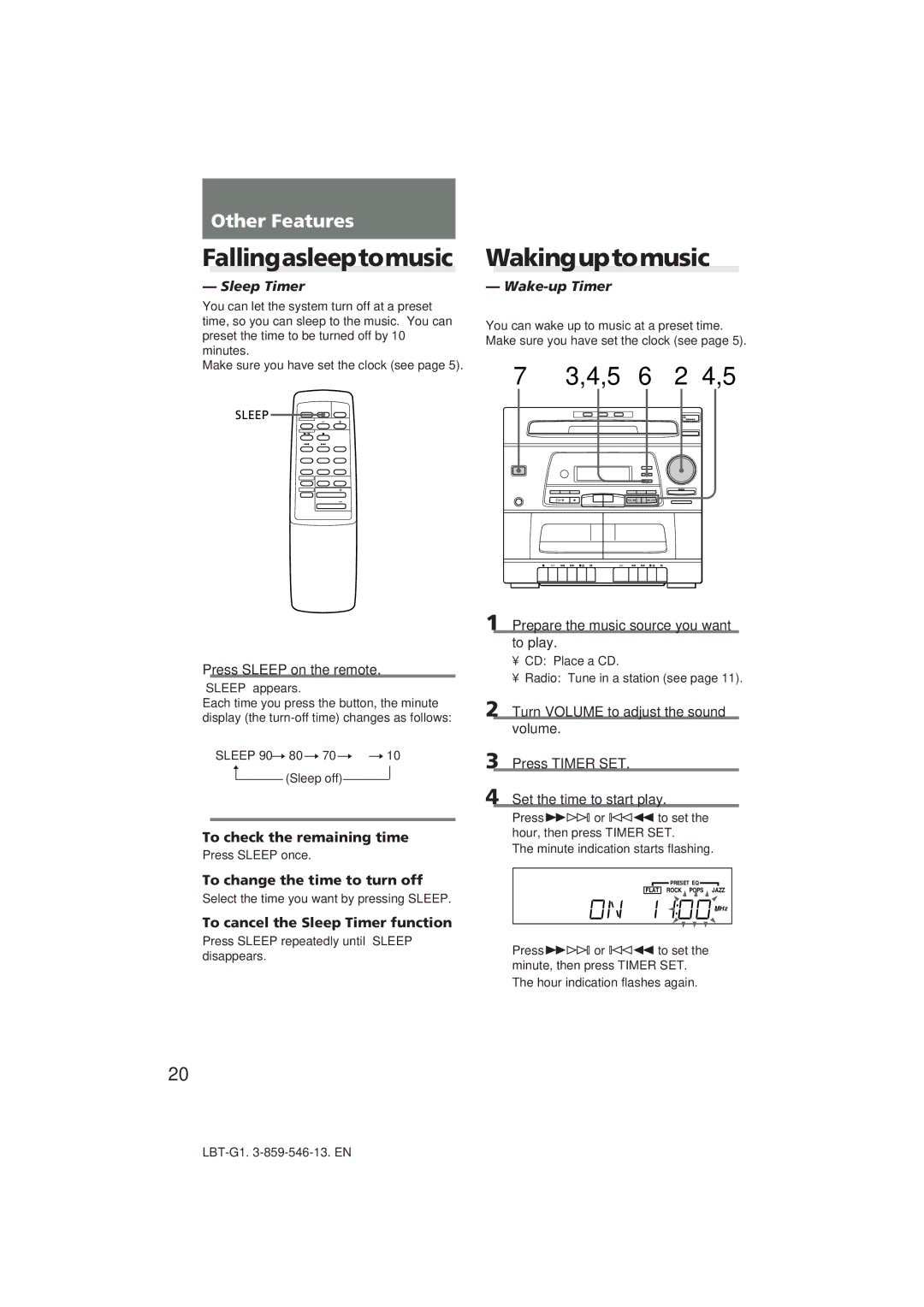 Sony LBT-G1 manual Fallingasleeptomusic, Wakinguptomusic, Sleep Timer, Wake-up Timer 