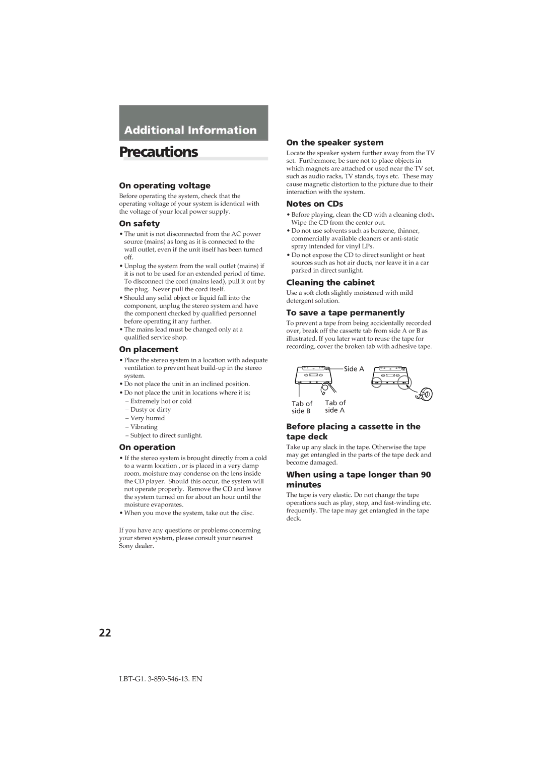 Sony LBT-G1 manual Precautions 