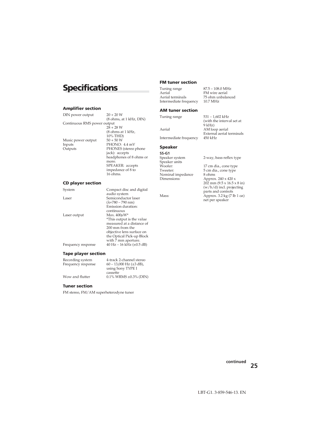 Sony LBT-G1 manual Specifications 