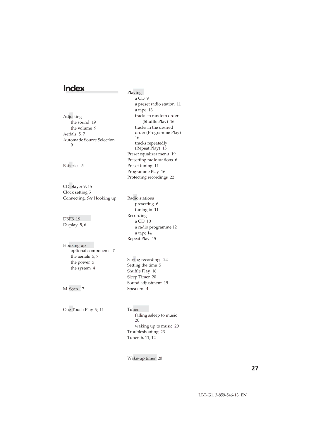 Sony LBT-G1 manual Index, Dbfb 