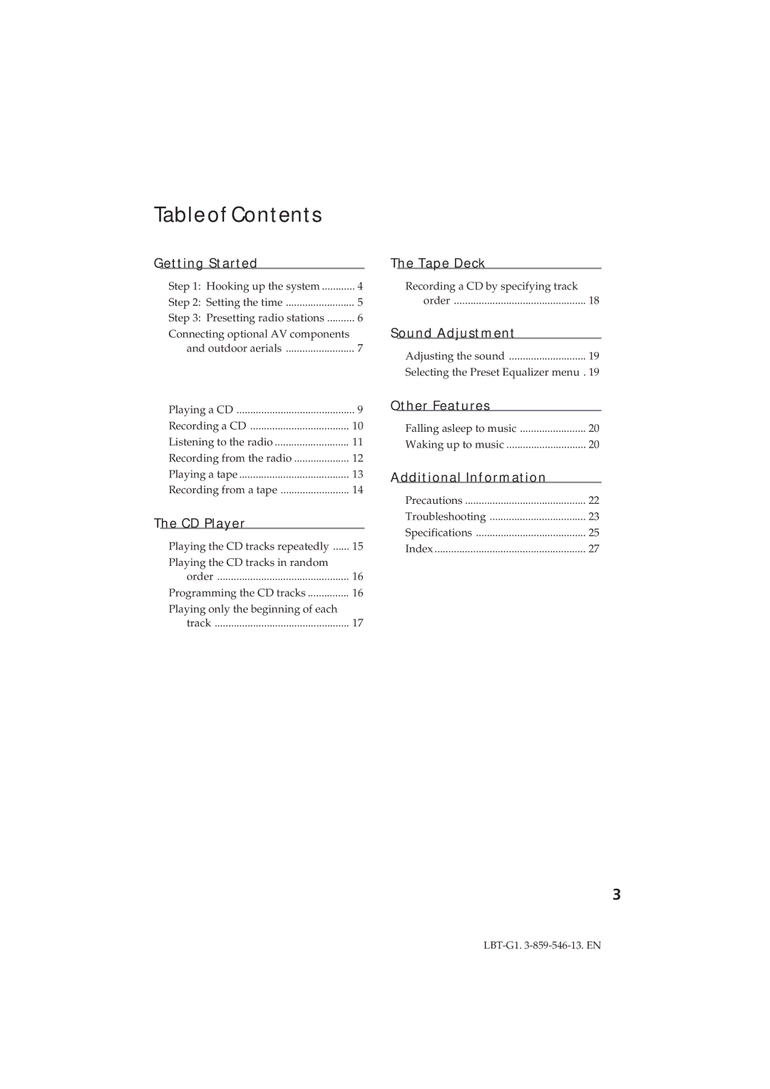 Sony LBT-G1 manual TableofContents 