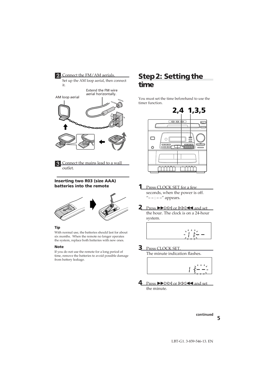 Sony LBT-G1 manual Settingthe time, Connect the FM/AM aerials, Connect the mains lead to a wall outlet, Tip 